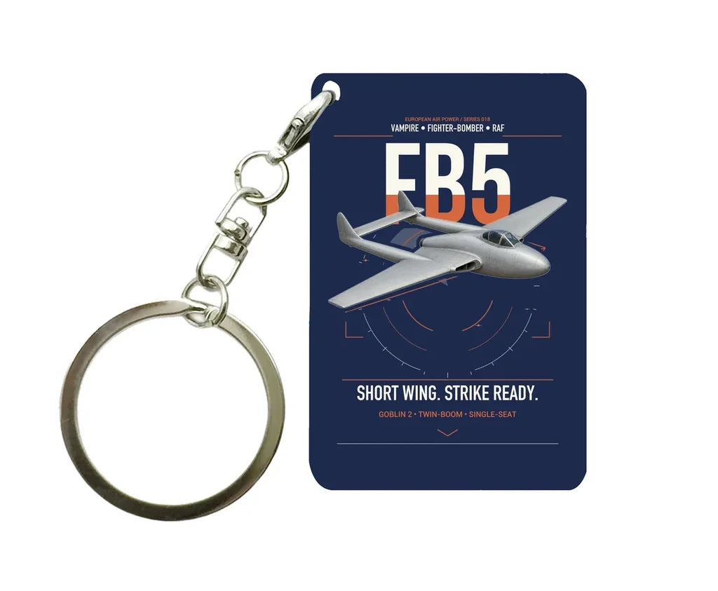 de Havilland Vampire FB5 design on navy blue designed key chain, double-side print