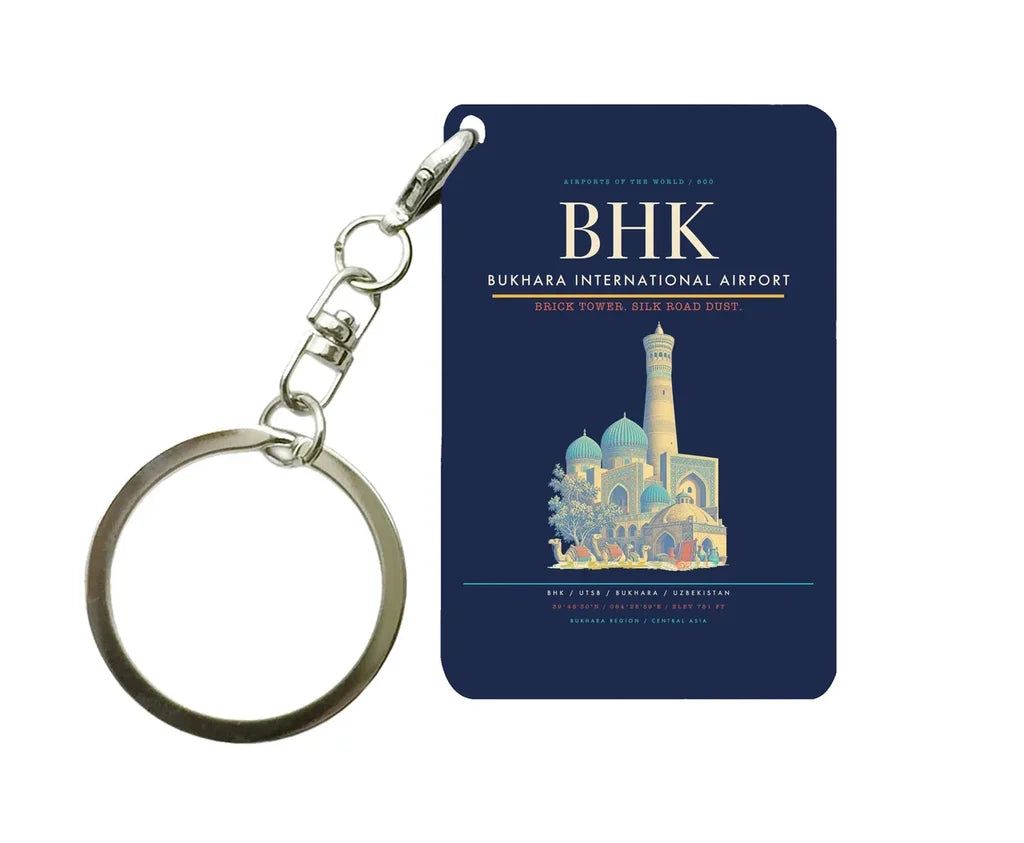 Bukhara International Airport BHK Key Chain design on navy blue key chain
