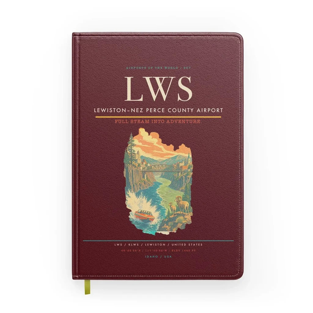 Lewiston–Nez Perce County Airport (LWS) design on dark red notebook