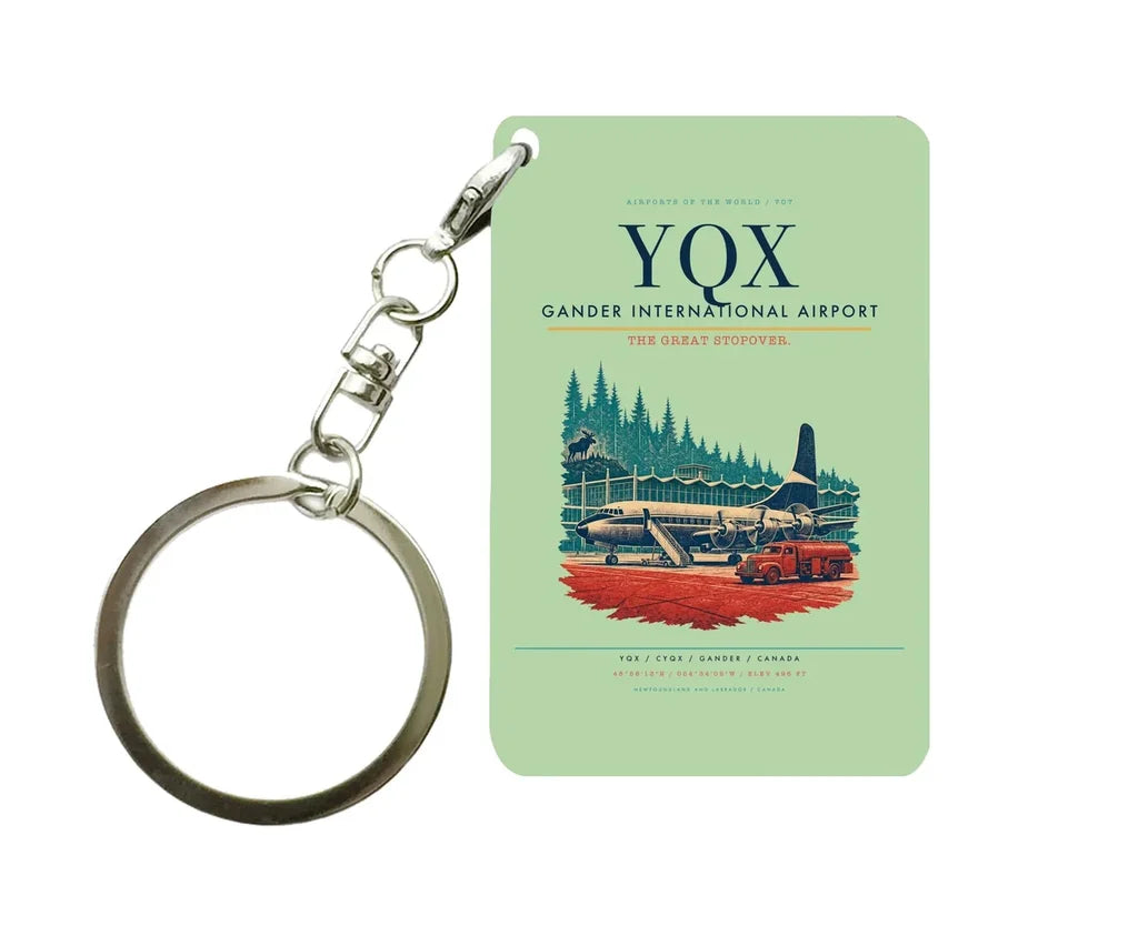 Gander International Airport (YQX) design on light green key chain