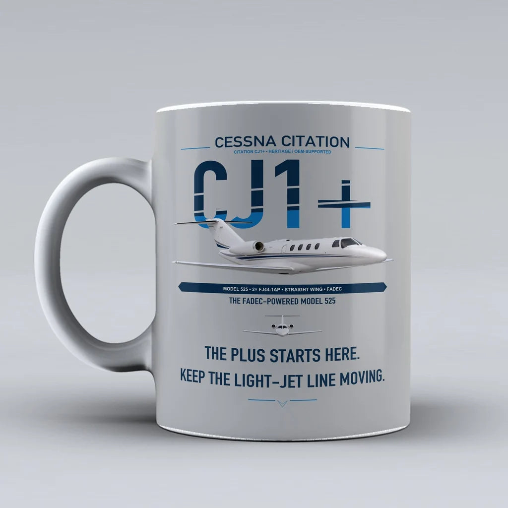 Cessna Citation CJ1+ design on light gray ceramic mug, double-side print