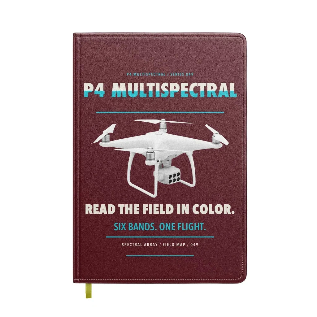DJI P4 Multispectral design on dark red notebook