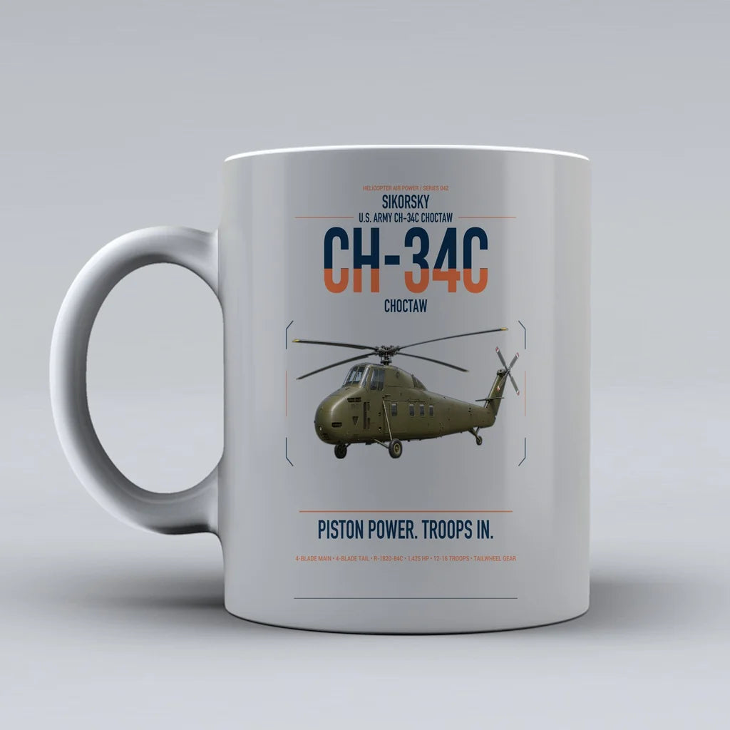 Sikorsky CH-34C Choctaw design on light gray ceramic mug, double-side print