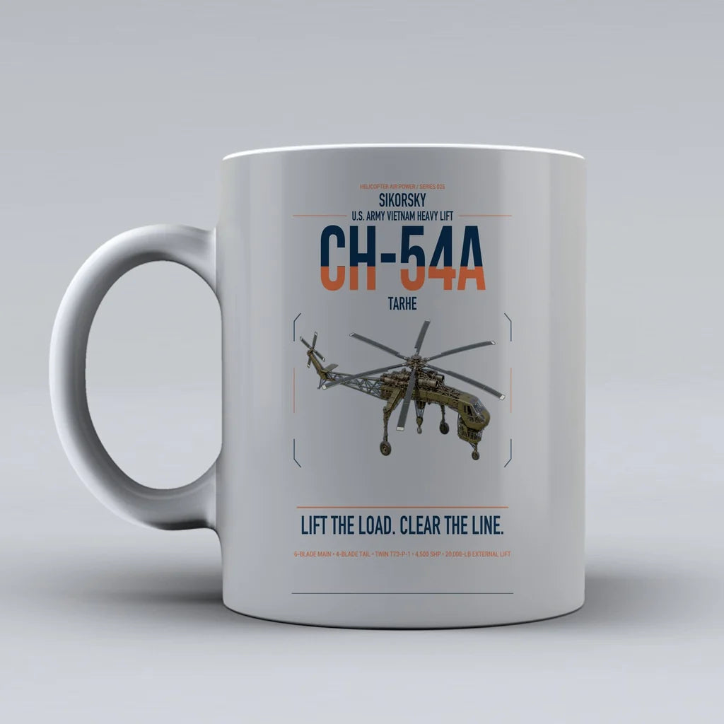 Sikorsky CH-54A Tarhe design on light gray ceramic mug, double-side print