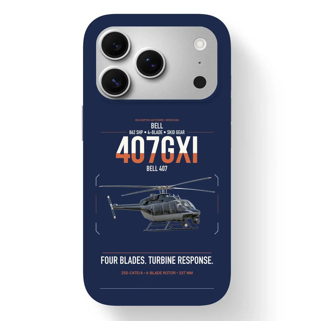 Bell 407GXi design on navy blue magsafe iphone case, for iPhone 17 Pro
