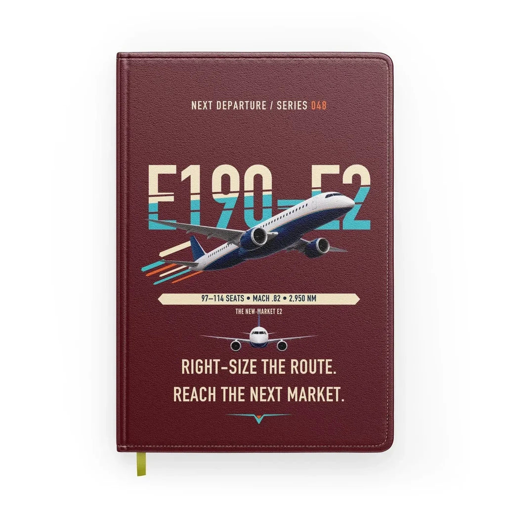 Embraer E190-E2 design on dark red notebook