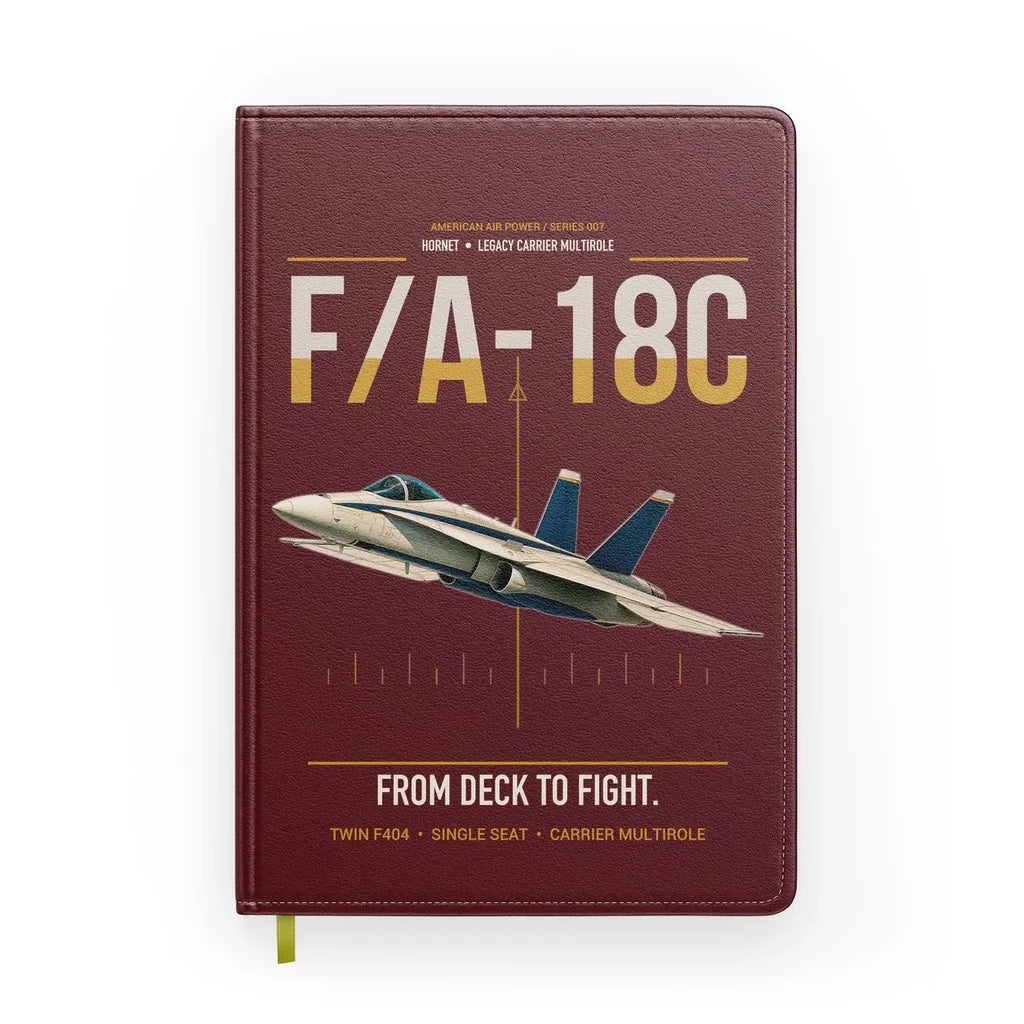 F-A-18C Hornet design on dark red notebook
