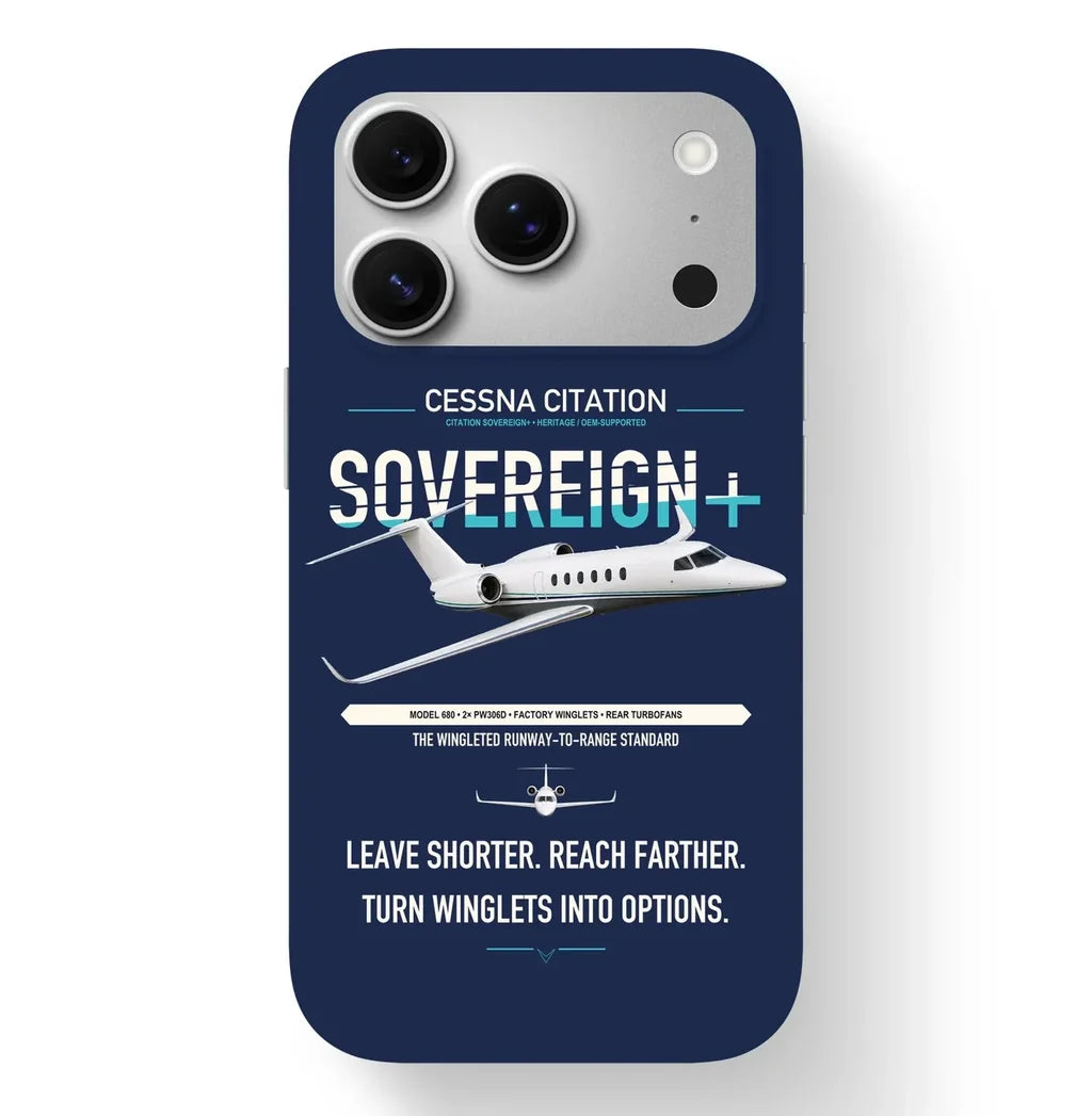 Cessna Citation Sovereign+ design on navy blue magsafe iphone case, for iPhone 17 Pro