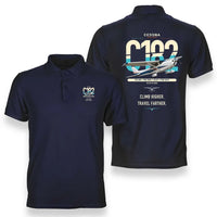 Thumbnail for Cessna 182 Skylane design on navy blue double-side polo t-shirt, double-side print
