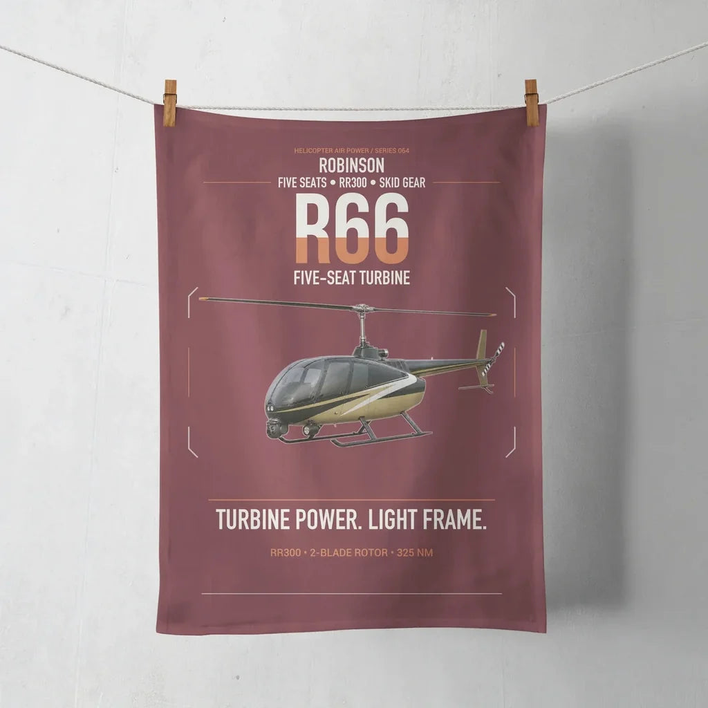 Robinson R66 design on dark red towel