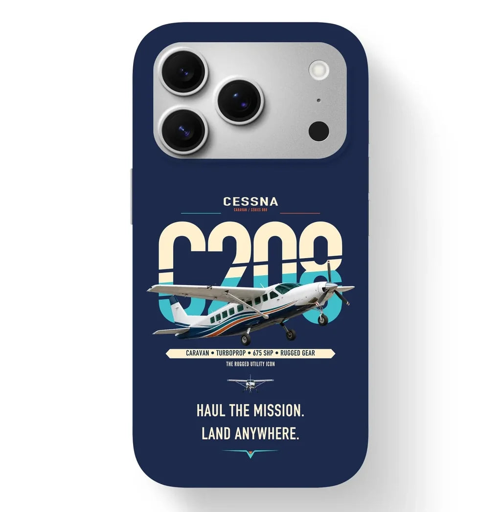 Cessna 208 Caravan design on navy blue magsafe iphone case, for iPhone 17 Pro