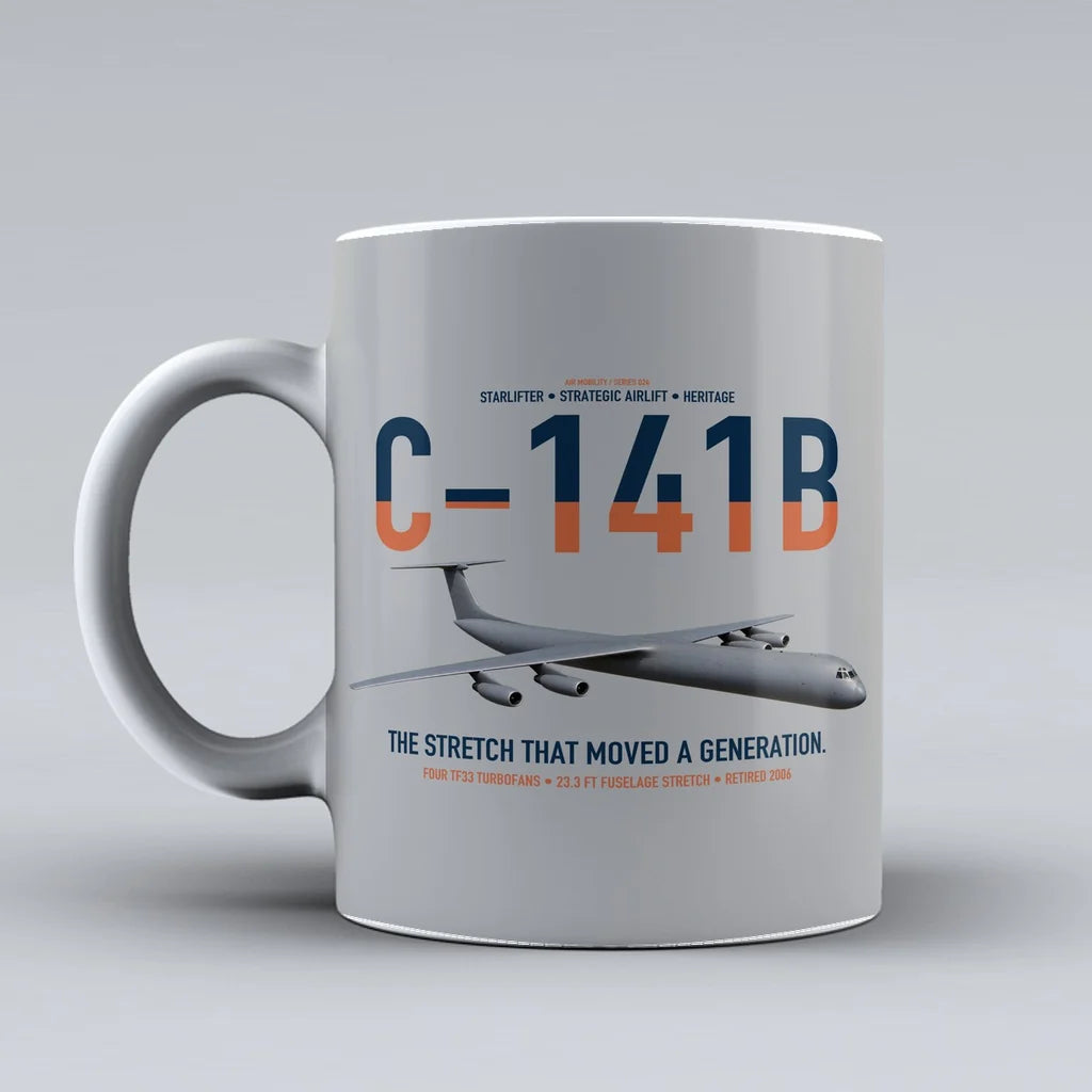 C-141B Starlifter design on light gray ceramic mug, double-side print
