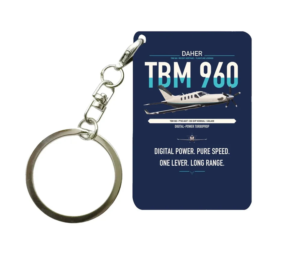 Daher TBM 960 design on navy blue designed key chain, double-side print