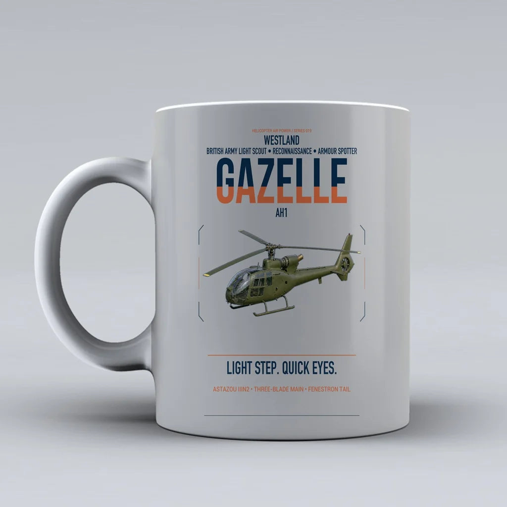 Westland Gazelle AH1 design on light gray ceramic mug, double-side print
