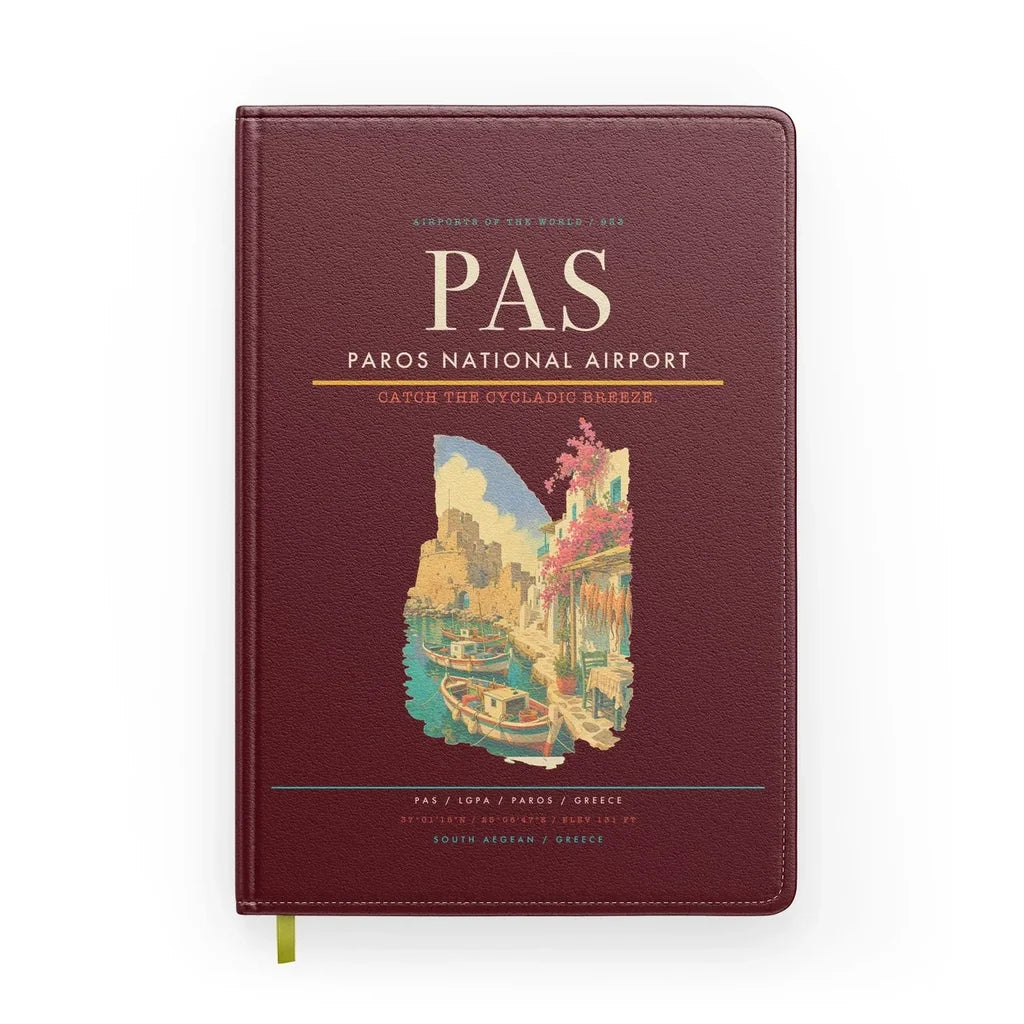Paros National Airport (PAS) design on dark red notebook