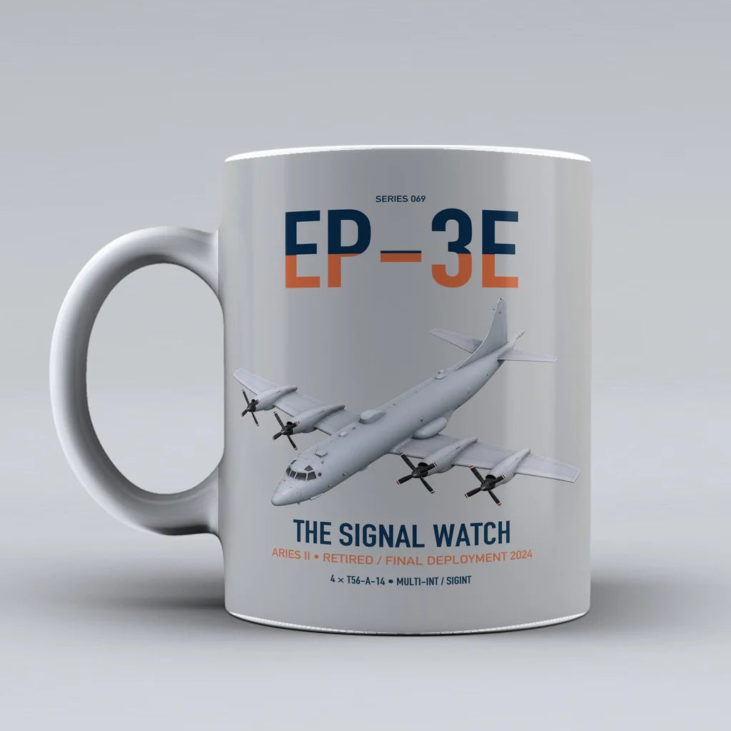 EP-3E ARIES II design on light gray ceramic mug, double-side print