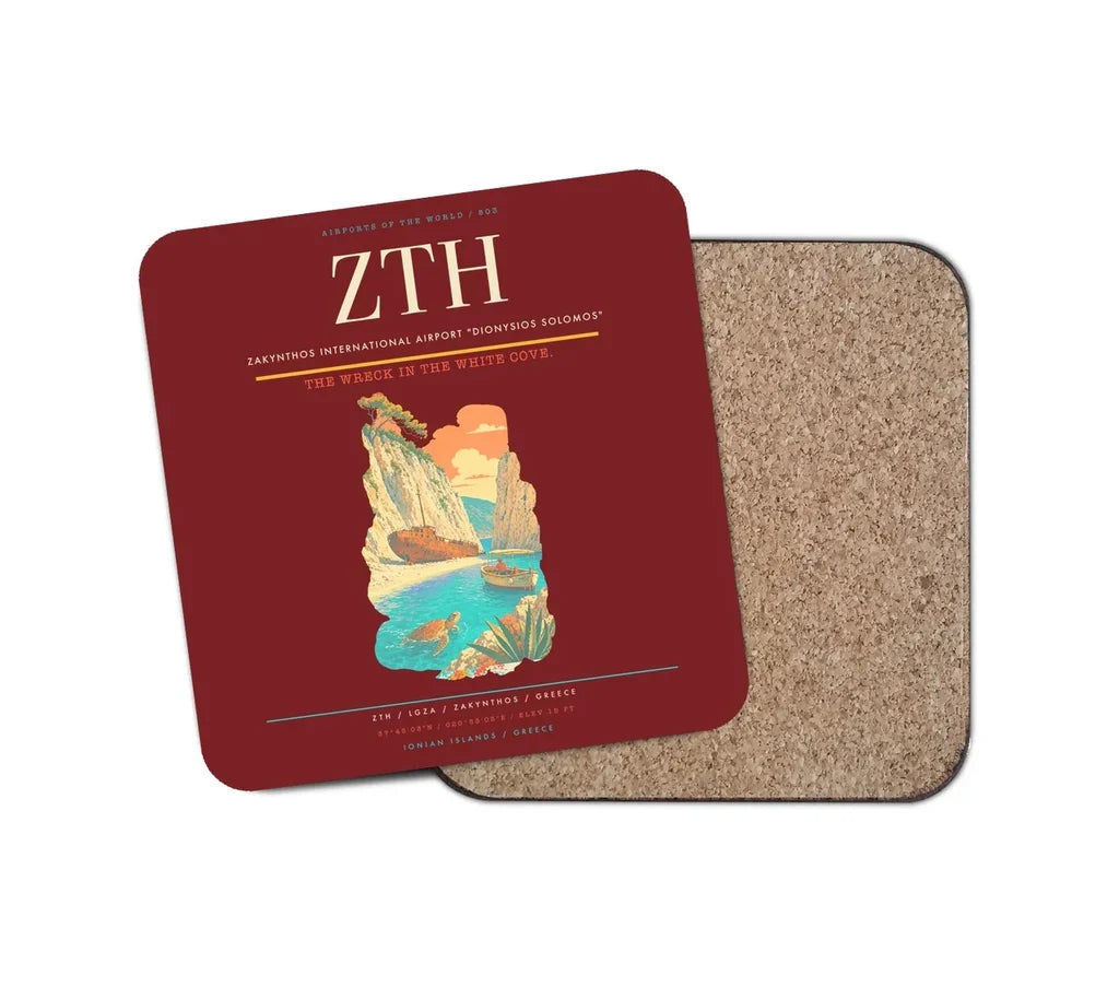 Zakynthos International Airport "Dionysios Solomos" (ZTH) design on dark red 1 piece coaster