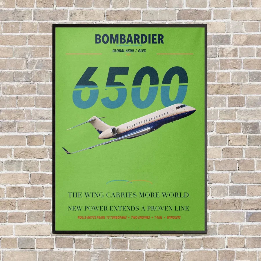 Bombardier Global 6500 vertical canvas print - framed - light green background