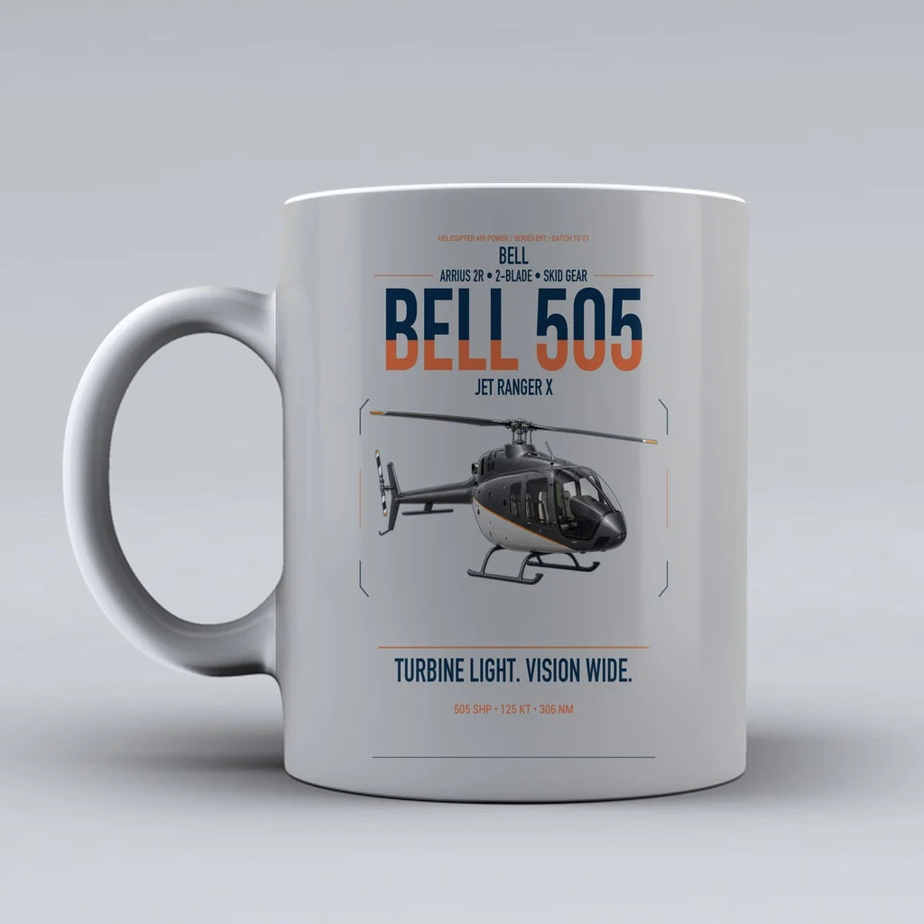 Bell 505 Jet Ranger X design on light gray ceramic mug, double-side print