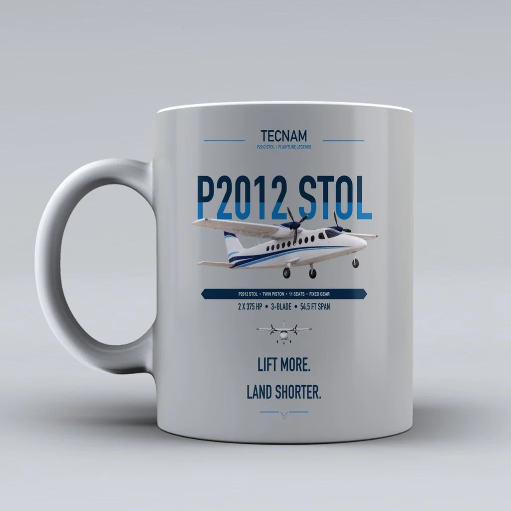 Tecnam P2012 STOL design on light gray ceramic mug, double-side print