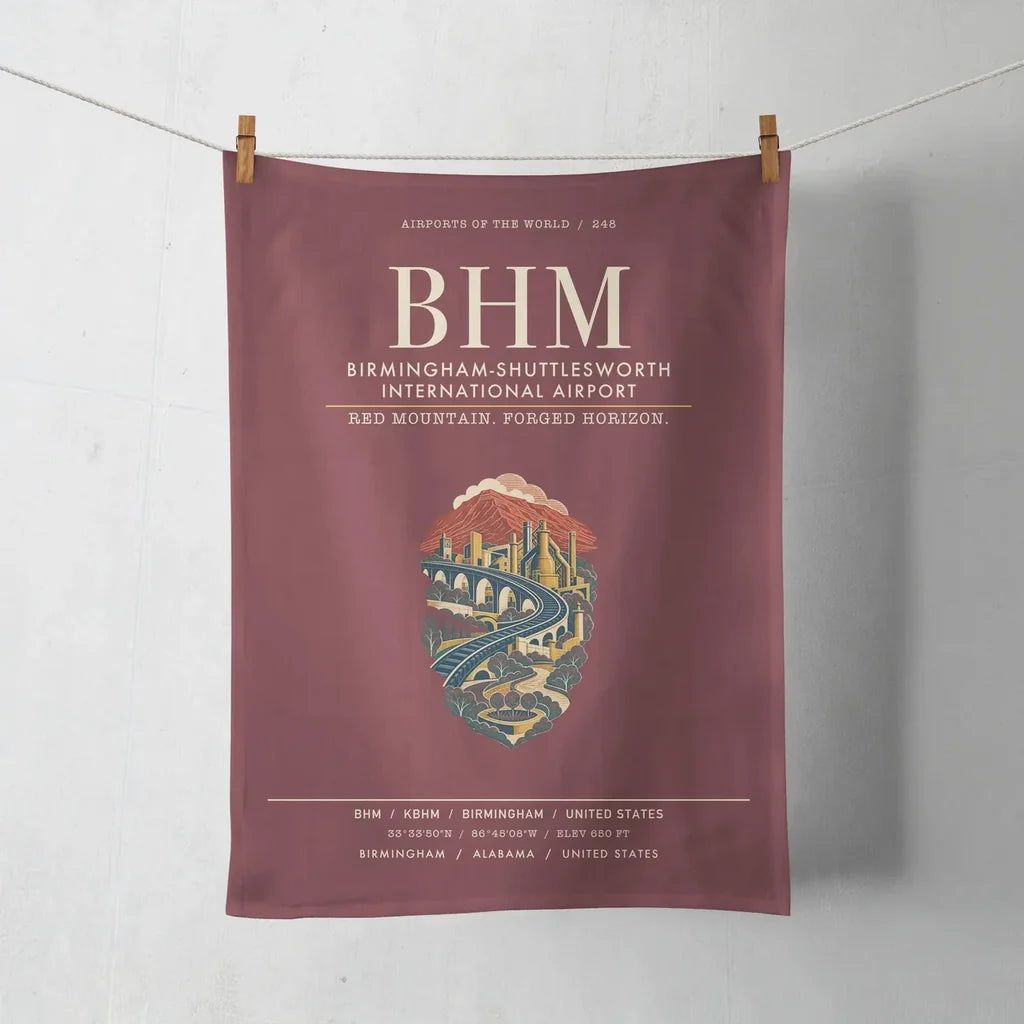 Birmingham-Shuttlesworth International Airport (BHM) design on dark red towel