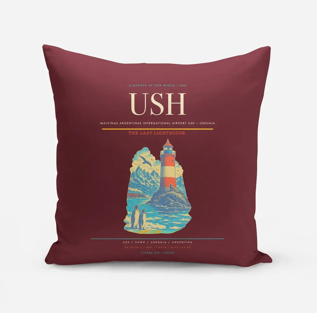 Malvinas Argentinas International Airport (USH) design on dark red pillow