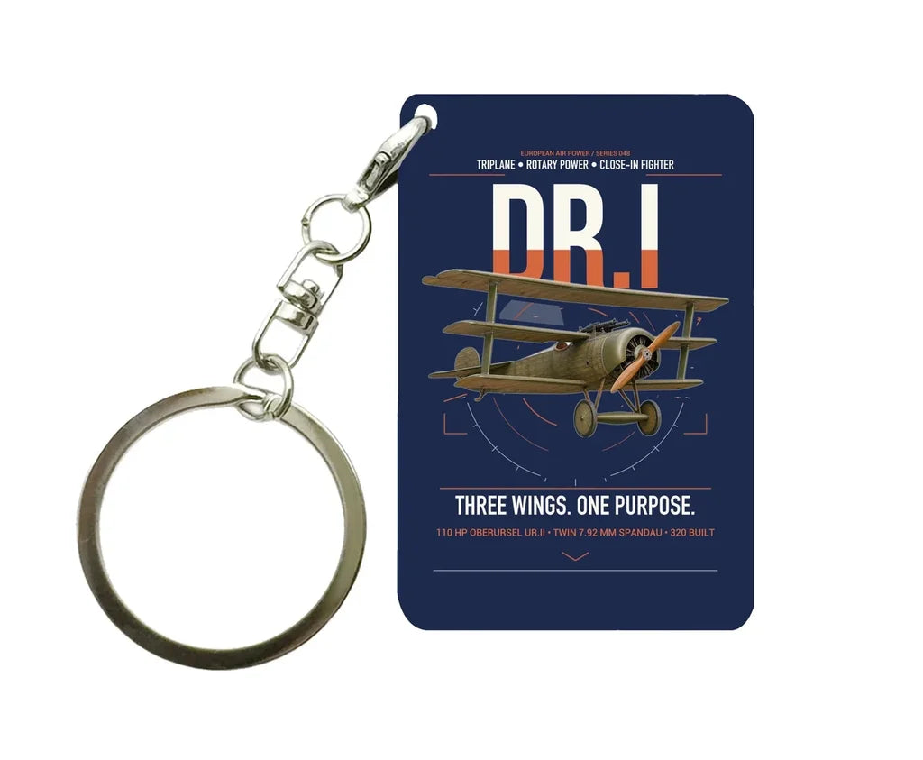 Fokker Dr.I design on navy blue designed key chain, double-side print