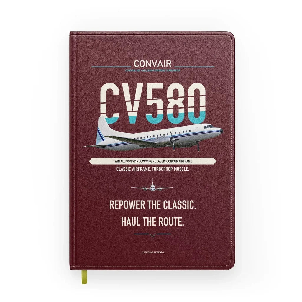 Convair 580 design on dark red notebook