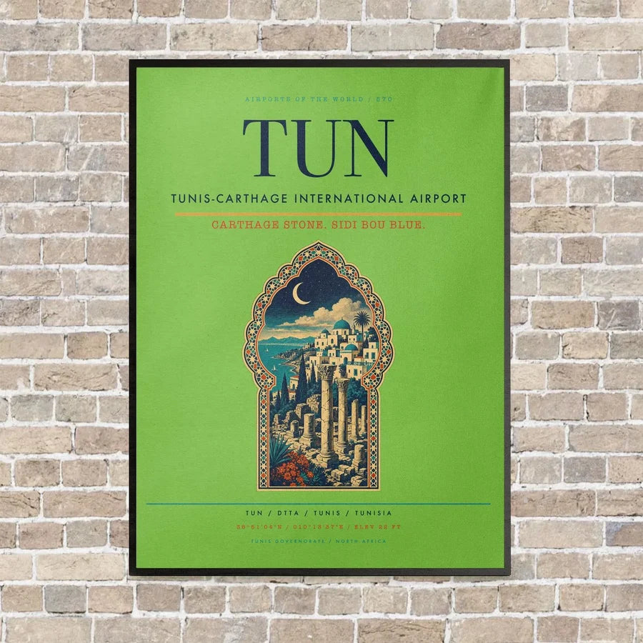 Tunis-Carthage International Airport TUN vertical canvas print - framed - light green background