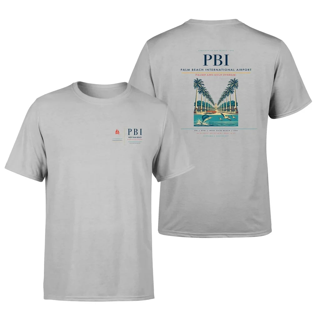 Palm Beach International Airport (PBI) design printed on light gray double-side t-shirt