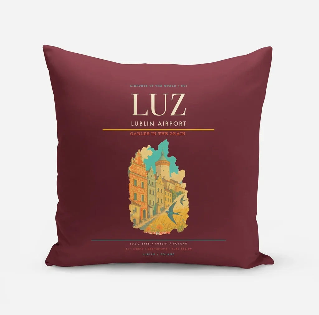 Lublin Airport (LUZ) design on dark red pillow