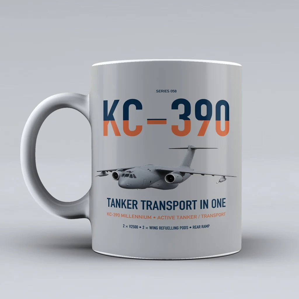 Embraer KC-390 Millennium design on light gray ceramic mug, double-side print