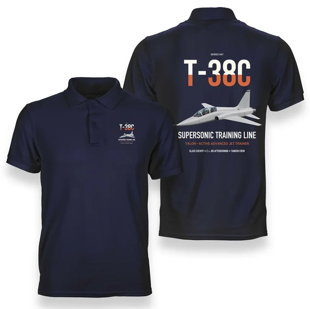 T-38C Talon design on navy blue double-side polo t-shirt, double-side print
