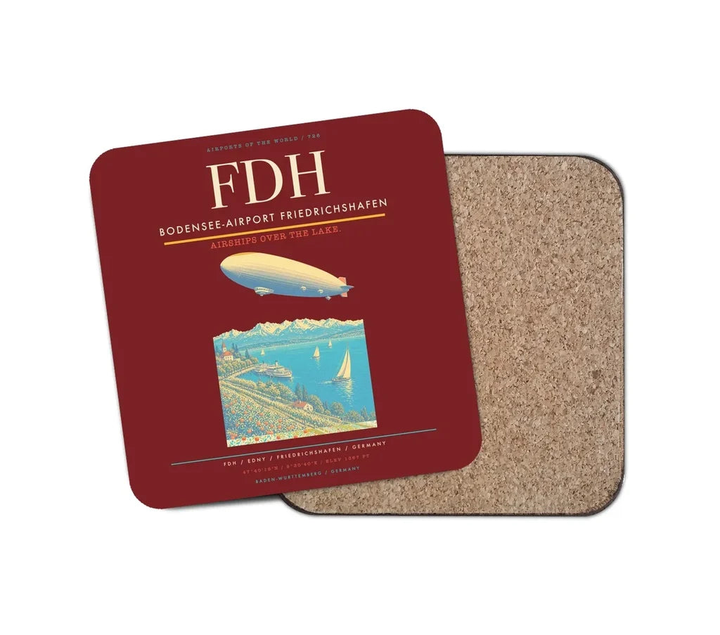 Bodensee-Airport Friedrichshafen (FDH) design on dark red 1 piece coaster