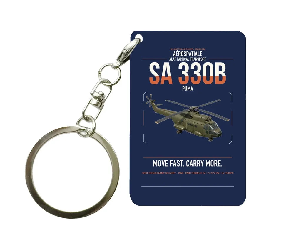 Aérospatiale SA 330B Puma design on navy blue designed key chain, double-side print