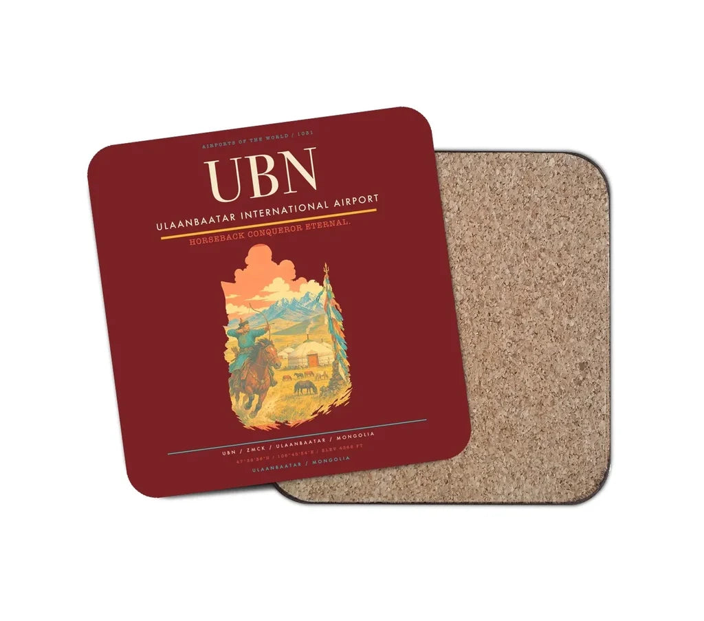 Ulaanbaatar International Airport (UBN) design on dark red 1 piece coaster