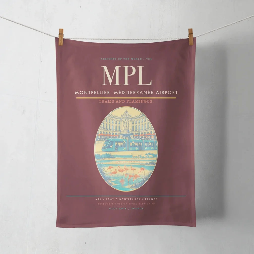 Montpellier–Méditerranée Airport (MPL) design on dark red towel