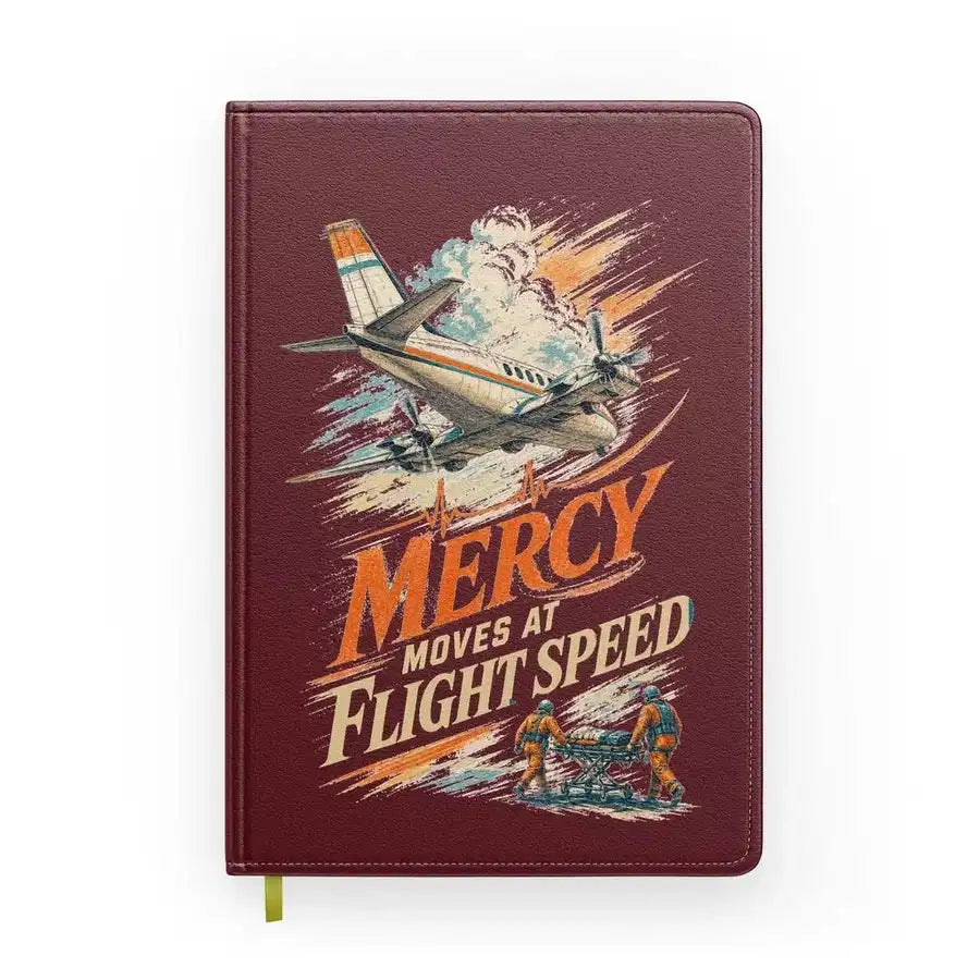 Mercy Moves At Flight Speed design on dark red notebook
