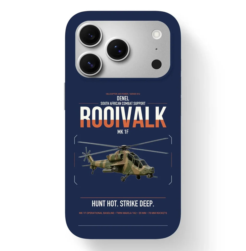 Denel Rooivalk Mk 1F design on navy blue magsafe iphone case, for iPhone 17 Pro