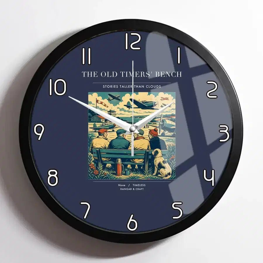 VINTAGE G4140 - The Old Timers' Bench - Designed Wall Clocks design on navyblue framed