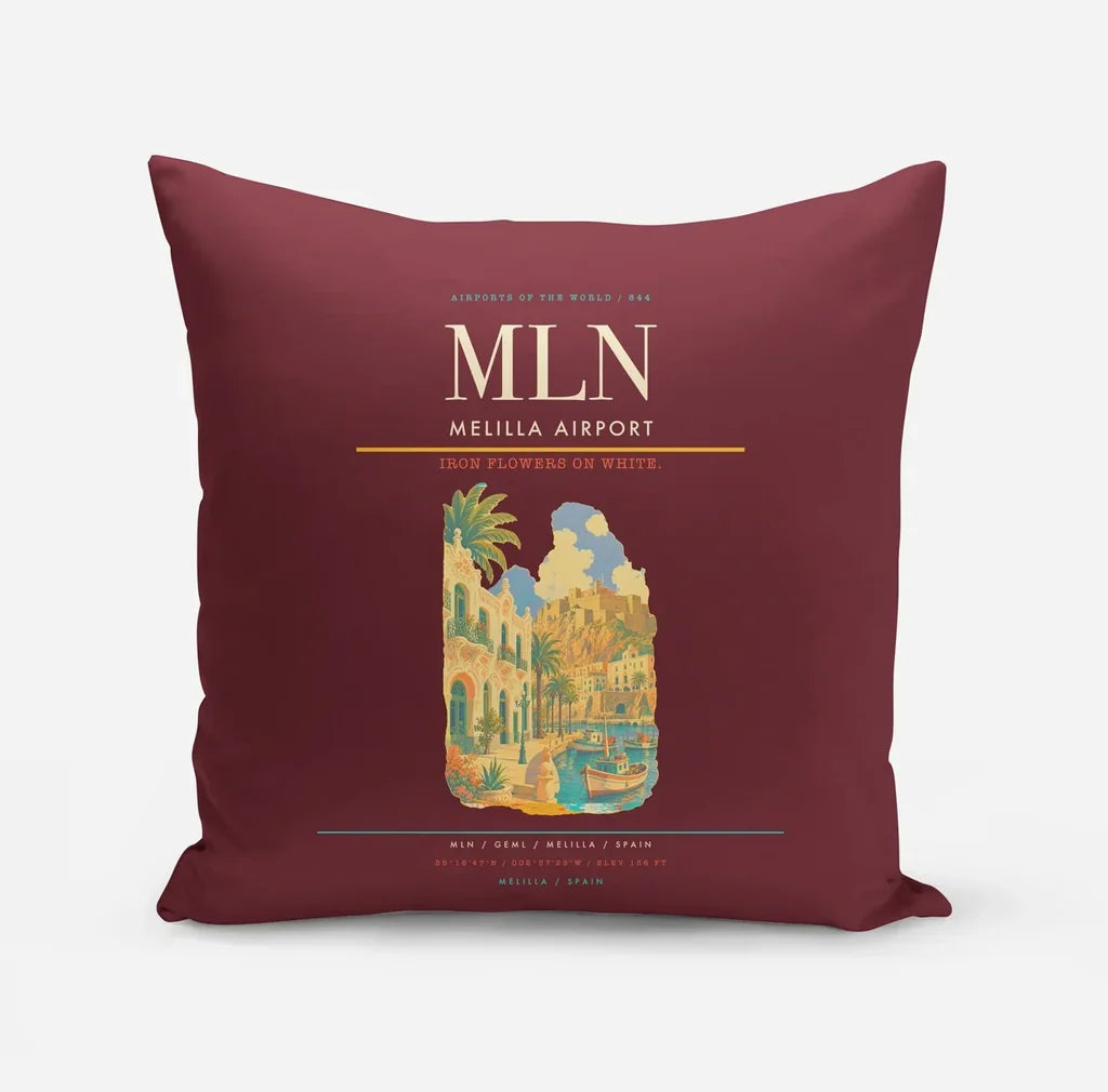 Melilla Airport (MLN) design on dark red pillow