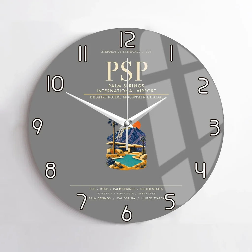 Palm Springs International Airport (PSP) design on gray no frame wall clock