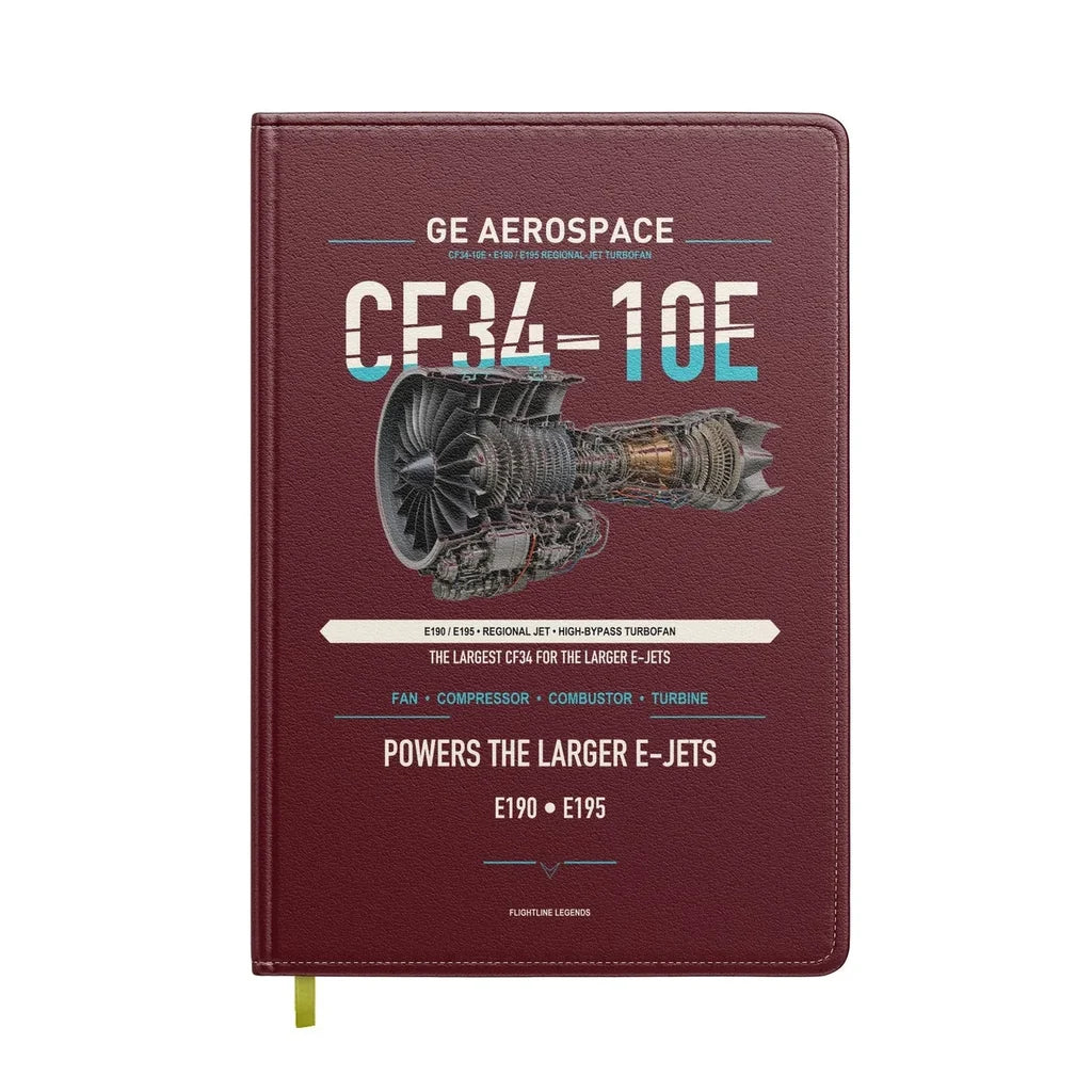 CF34-10E design on dark red notebook