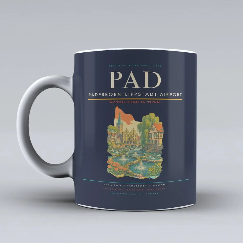 Paderborn Lippstadt Airport (PAD) airport code design on dark blue ceramic mug