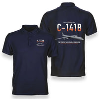 Thumbnail for C-141B Starlifter design on navy blue double-side polo t-shirt, double-side print