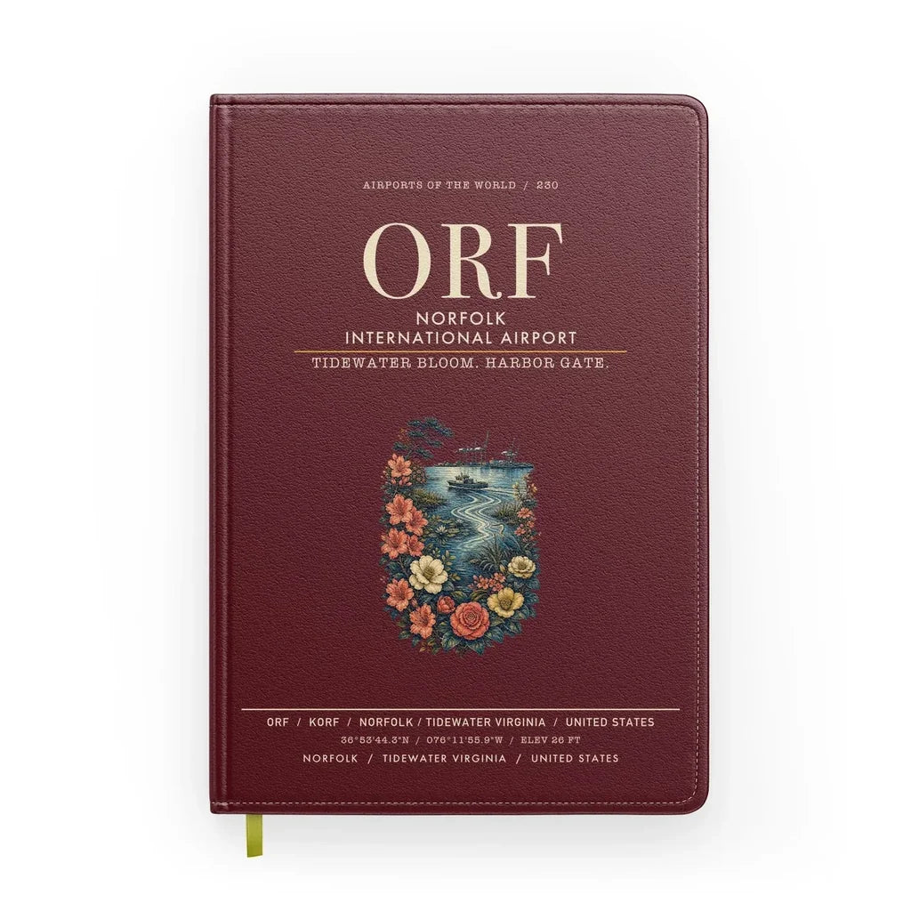 Norfolk International Airport (ORF) design on dark red notebook