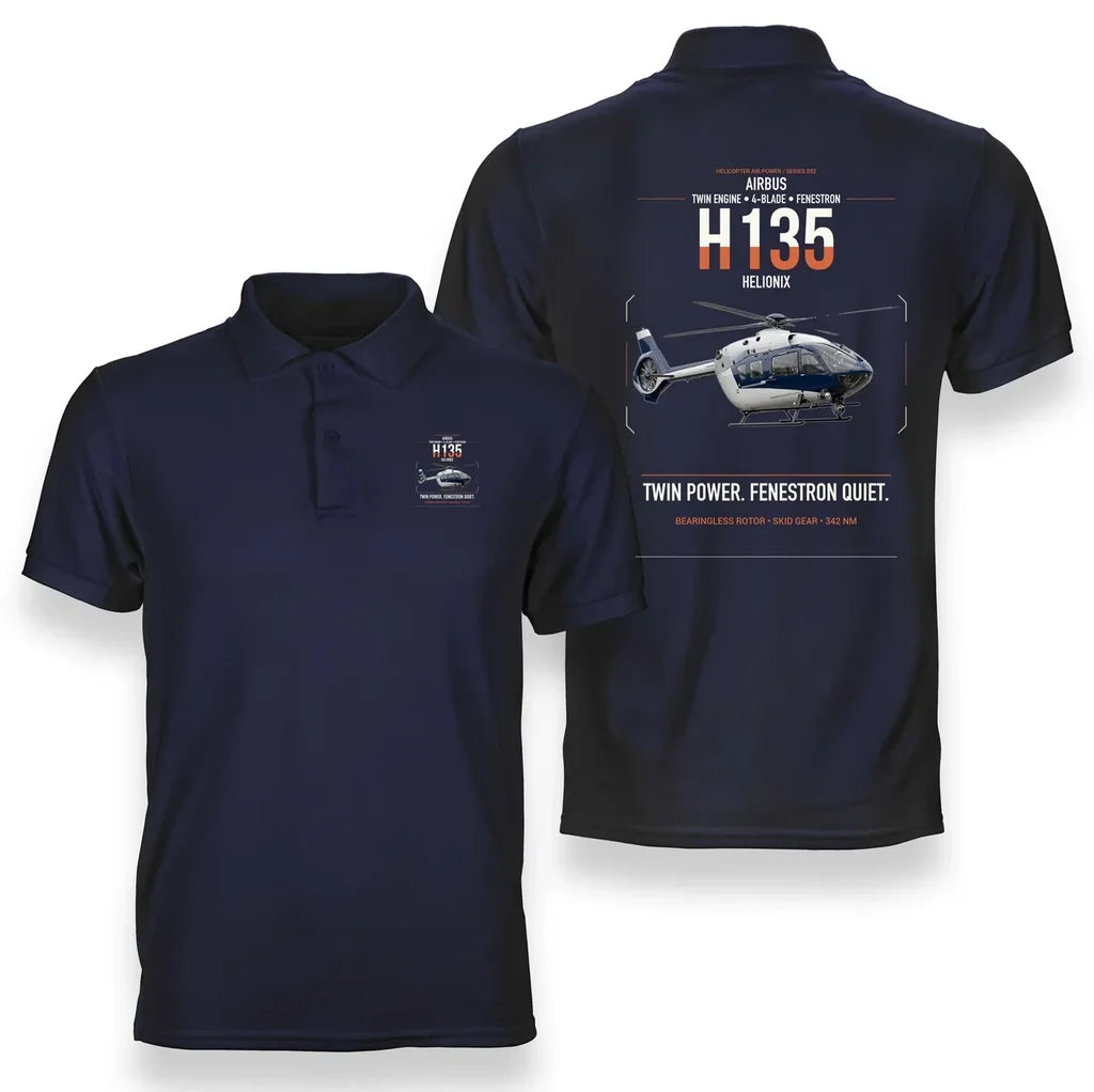 Airbus H135 design on navy blue double-side polo t-shirt, double-side print