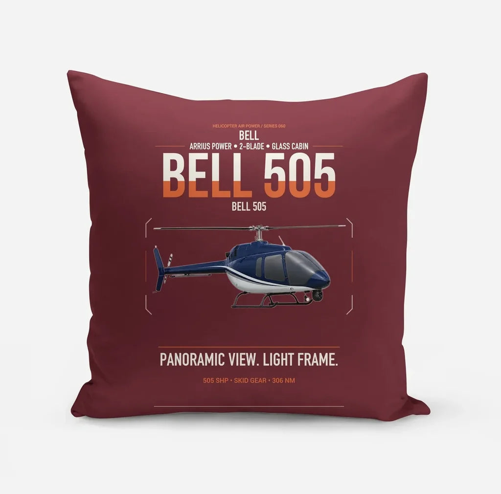 Bell 505 design on dark red pillow