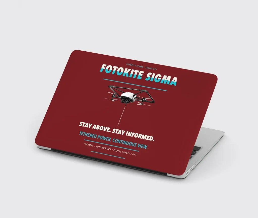 Fotokite Sigma design on dark red MacBook case
