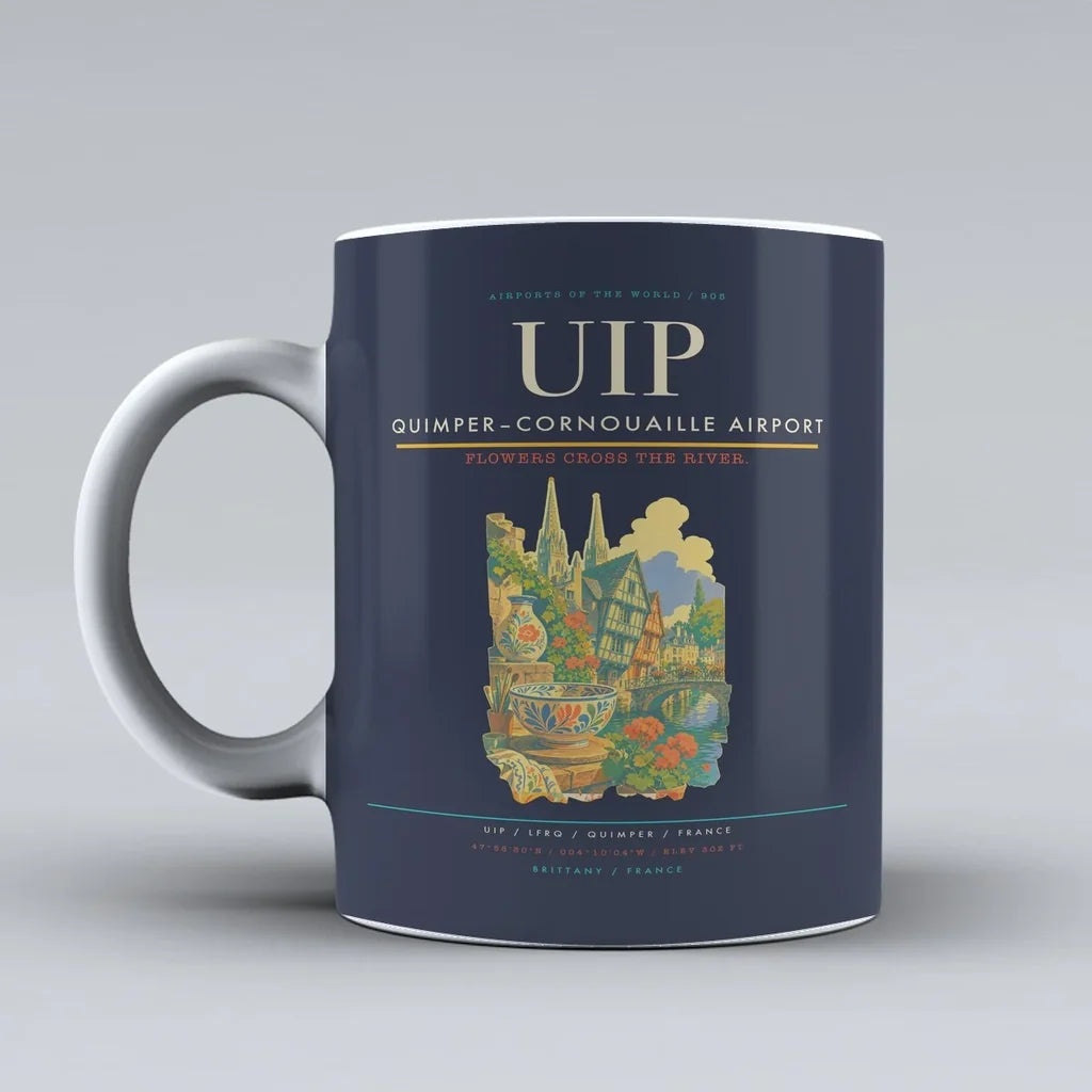 Quimper–Cornouaille Airport (UIP) airport code design on dark blue ceramic mug